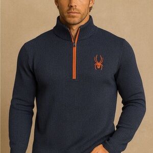 Spyder Men's Dark Blue Zip-Up Sweater with Bright Orange Details